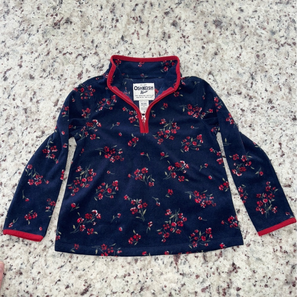 OshKosh B'gosh Size 4T Navy Blue Fleece Pullover Quarter Zip Red Floral Pattern